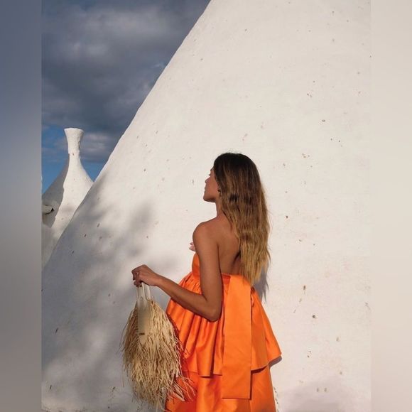 ROTATE BIRGER CHRISTENSEN CARMINA RUFFLED SATIN MINI DRESS IN ORANGE - Picture 14 of 16